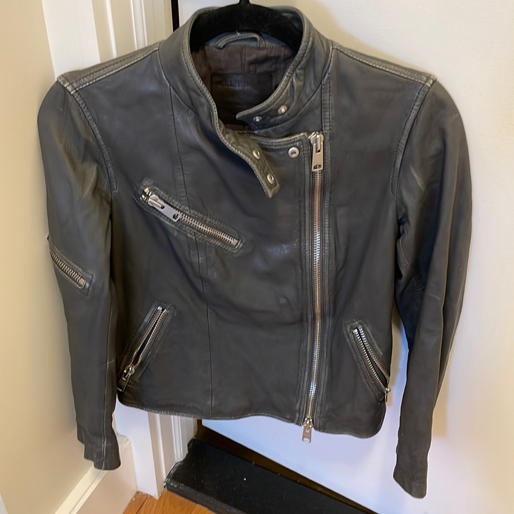 All Saints grey leather motorcycle jacket